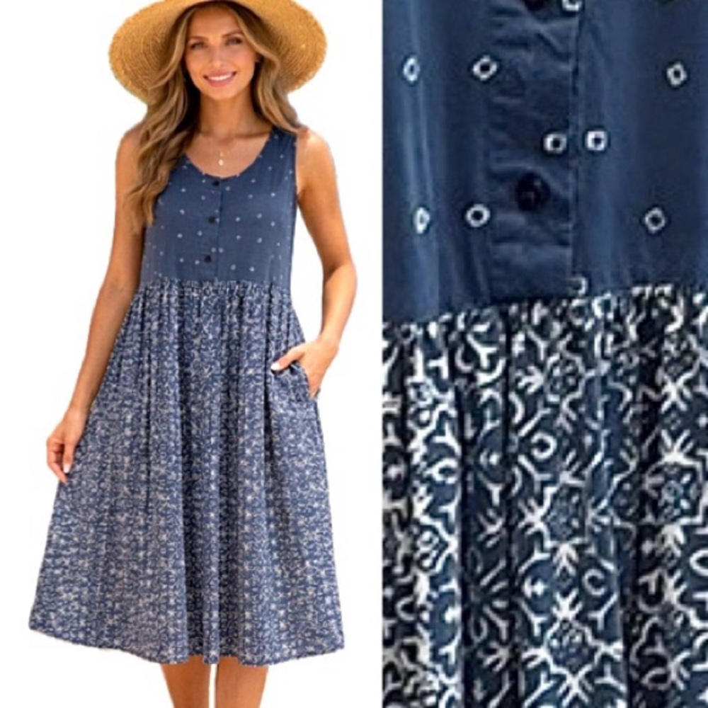 Blue Ginger Ikat Mixed Print Pocket Sundress Size M Blue Button Front Midi Dress